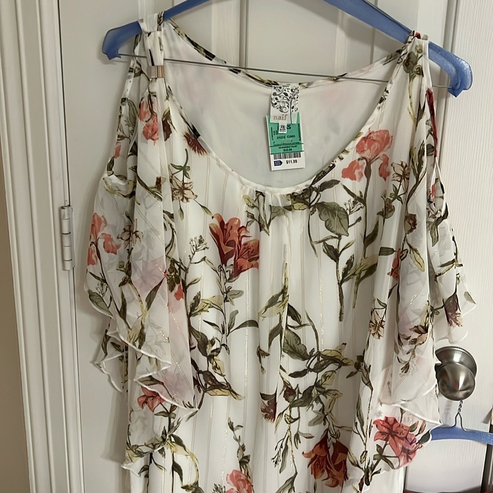 White, green, mauve flower blouse.  Great for spring and summer